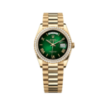 Rolex Day-Date 36 128348RBR Yellow Gold Green Ombre Roman Numeral Dial Diamond Bezel