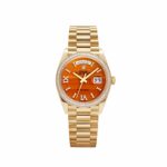 Rolex Day-Date 36 128398TBR Yellow Gold Carnelian Diamond Roman Numerals Dial Diamond Bezel