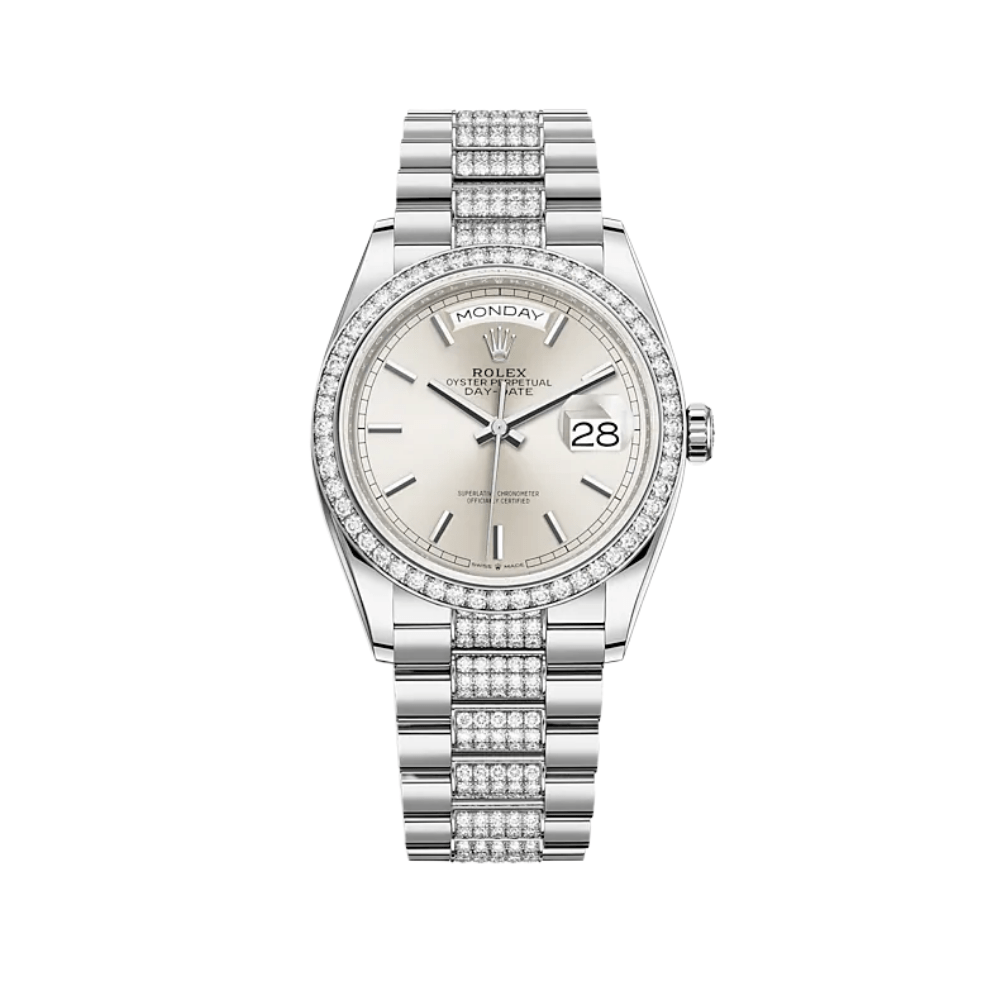 rolex-day-date-36-white-gold-diamond-bezel-silver-dial-128349rbr-rolex-40267393925364.png Rolex Day-Date 36 128349RBR White Gold Diamond Bezel Silver Dial - Image 1