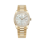 Rolex Day-Date 36 128348RBR Yellow Gold Diamond Bezel Mother of Pearl Diamond Dial