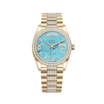 Rolex Day-Date 36 128348RBR Yellow Gold Diamond Bezel Turquoise Diamond Dial