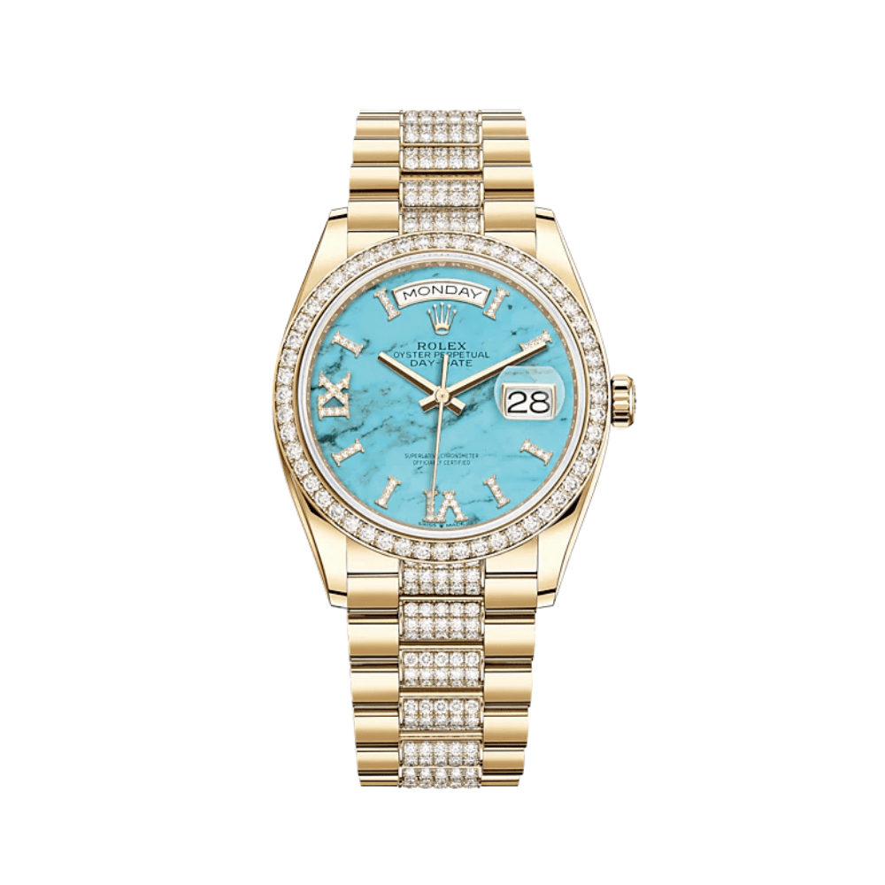 rolex-day-date-36-yellow-gold-diamond-bezel-turquoise-diamond-dial-128348rbr-rolex-40267481678068.png Rolex Day-Date 36 128348RBR Yellow Gold Diamond Bezel Turquoise Diamond Dial - Image 1