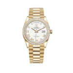 Rolex Day-Date 36 128348RBR Yellow Gold Diamond Bezel White Dial